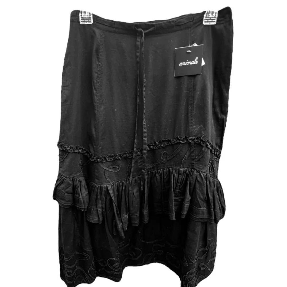 Animale by Jacques Ruc Black Full Midi Skirt Lagenlook Tiered Ruffle Embroidery - Picture 3 of 10